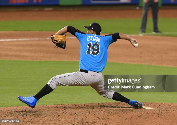 Pittsburgh Pirates prospect Luis Escobar of the World Team pitches during the 2017 SiriusXM All-Star Futures Game at Marlins Park on July 9, 2017 in...