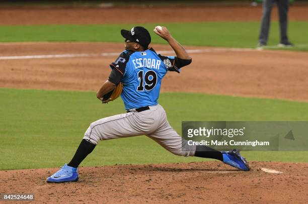 Pittsburgh Pirates prospect Luis Escobar of the World Team pitches during the 2017 SiriusXM All-Star Futures Game at Marlins Park on July 9, 2017 in...