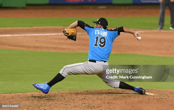 Pittsburgh Pirates prospect Luis Escobar of the World Team pitches during the 2017 SiriusXM All-Star Futures Game at Marlins Park on July 9, 2017 in...