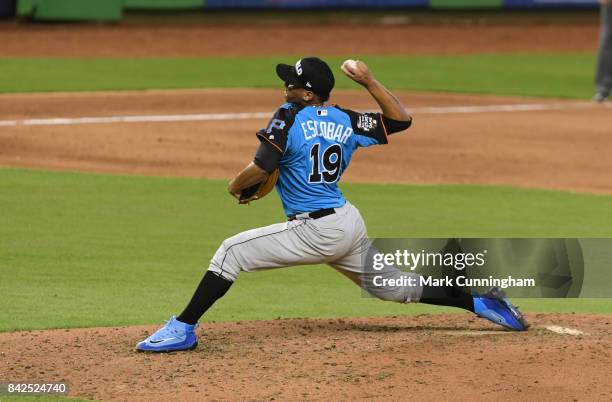 Pittsburgh Pirates prospect Luis Escobar of the World Team pitches during the 2017 SiriusXM All-Star Futures Game at Marlins Park on July 9, 2017 in...