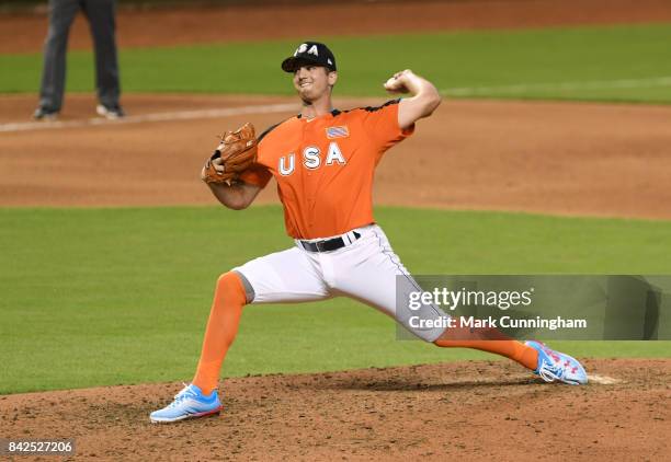 Kansas City Royals prospect Foster Griffin of Team USA pitches during the 2017 SiriusXM All-Star Futures Game at Marlins Park on July 9, 2017 in...