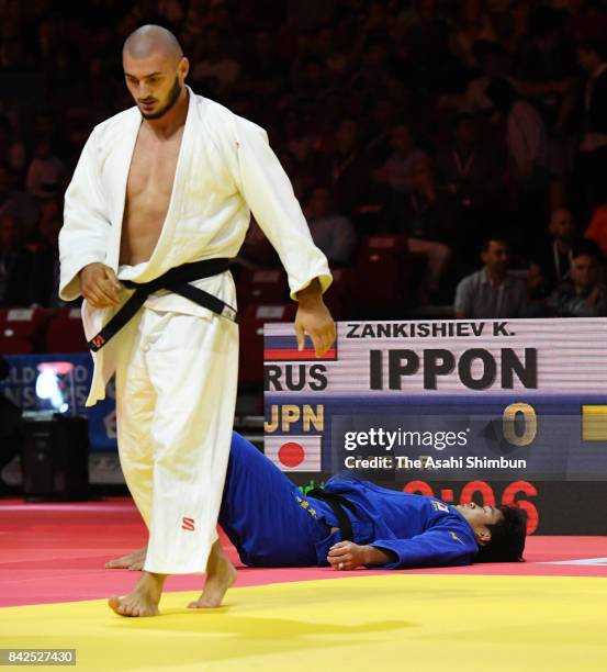 Ryunosuke Haga of Japan reacts after his defeat by Kazbek Zankishiev of Russia in the Men's -100kg second round during day six of the World Judo...