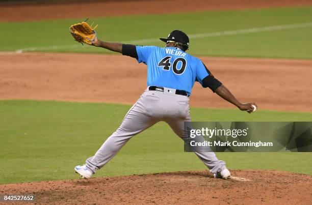 Seattle Mariners prospect Thyago Vieira of the World Team pitches during the 2017 SiriusXM All-Star Futures Game at Marlins Park on July 9, 2017 in...