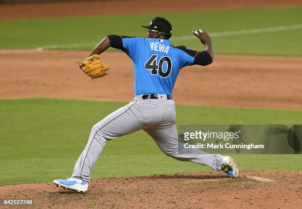 Seattle Mariners prospect Thyago Vieira of the World Team pitches during the 2017 SiriusXM All-Star Futures Game at Marlins Park on July 9, 2017 in...