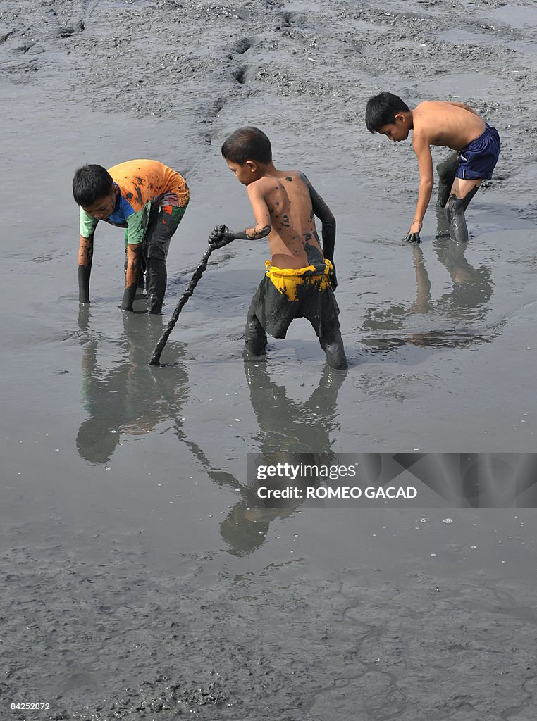 Filipino children catch crabs in mud in