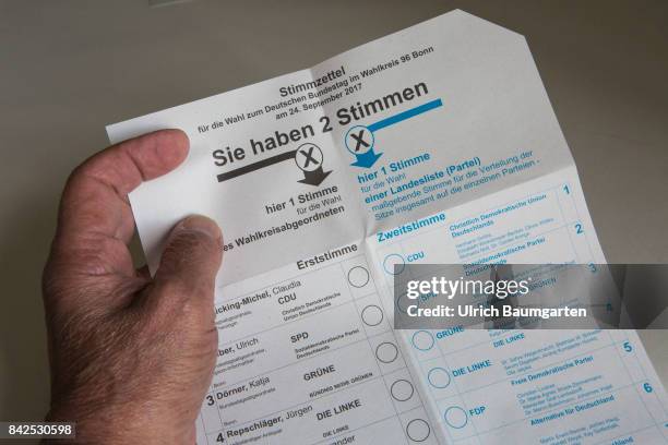 Federal elections 2017. The photo shows a hand with a vote label.