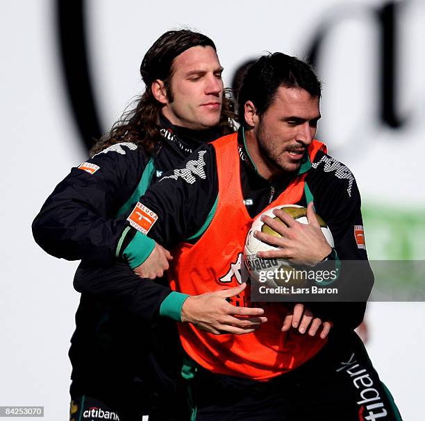 Torsten Frings attacks Hugo Almeida during a training session during day five of Werder Bremen training camp on January 12, 2009 in Belek, Turkey.