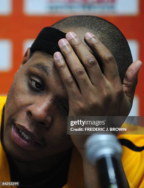 Basket-CHN-NBA-CBA-Wells" by Robert Saiget Former NBA star Bonzi Wells reacts during a postgame press conference after leading Shanxi to victory over...