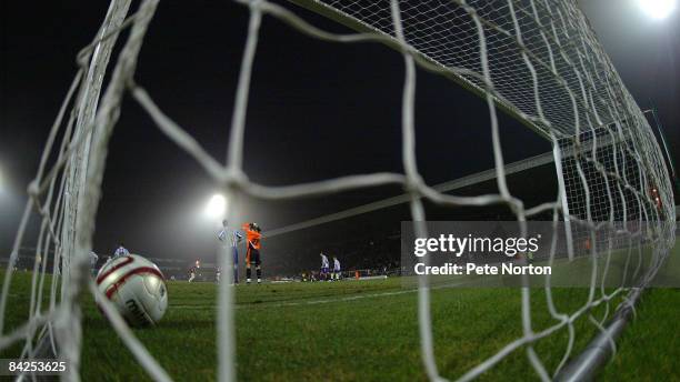 The ball lies in the back of the net after Adebayo Akinfenwa of Northampton Town had scored his sides equalizing goal with the last kick of the match...