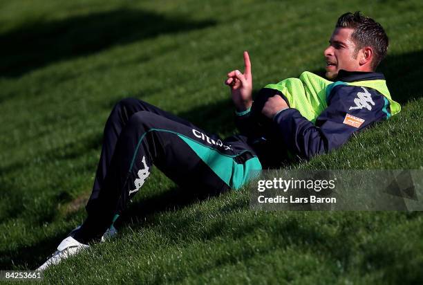 Tim Wiese lies on the pitch during a training session during day five of Werder Bremen training camp on January 12, 2009 in Belek, Turkey.