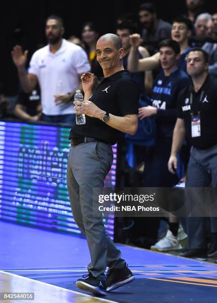 Sergio Hernandez coach of Argentina gestures during the FIBA Americup final match between US and Argentina at Orfeo Superdomo arena on September 03,...