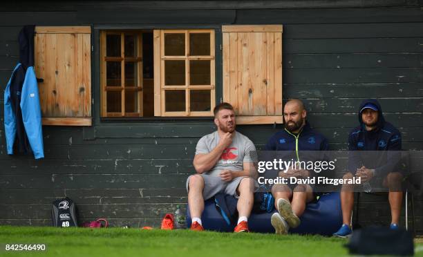 Dublin , Ireland - 4 September 2017; Leinster players, from left, Sean O'Brien, Scott Fardy and Jamison Gibson-Park during squad training at the UCD...