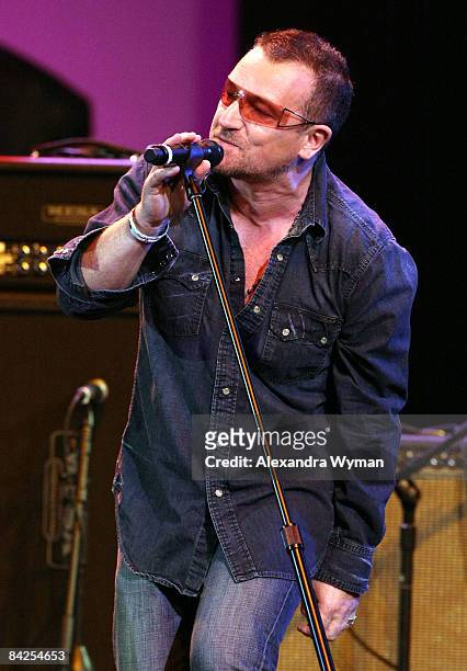 Musician Bono of U2 performs onstage during the Thelonious Monk Institute of Jazz honoring B.B. King event held at the Kodak Theatre on October 26,...