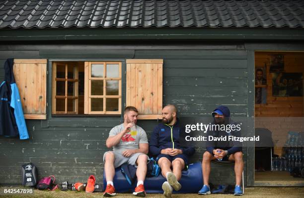 Dublin , Ireland - 4 September 2017; Leinster players, from left, Sean O'Brien, Scott Fardy and Jamison Gibson-Park squad training at the UCD in...