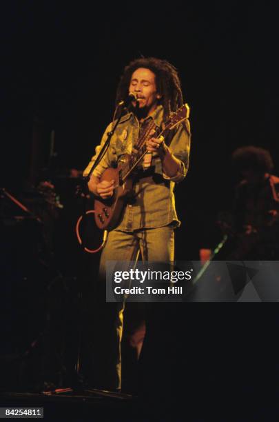 Reggae singer-guitarist Bob Marley performs at The Fabulous Fox Theater on November 12, 1979 in Atlanta, Georgia.