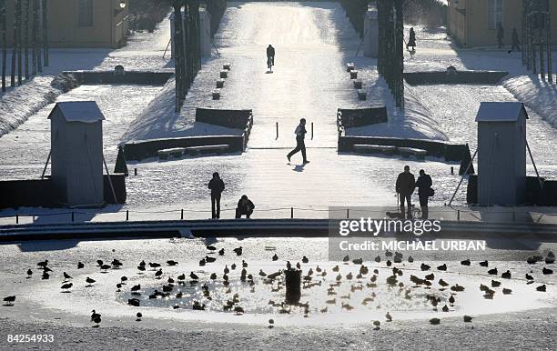 Strollers take a walk through the snowy park of Sanssouci Palace in Potsdam, eastern Germany, on January 12, 2009. Meteorolists forecast rising...