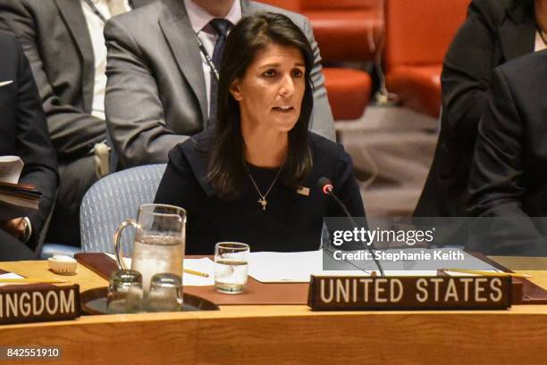 Ambassador to the UN, Nikki Haley, delivers remarks during a United Nations Security Council meeting on North Korea on September 4, 2017 in New York...