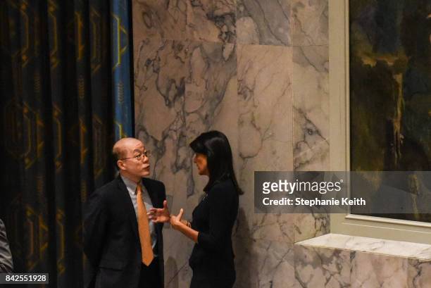Ambassador to the UN, Nikki Haley, speaks on the sidelines with Chinese Ambassador Liu Jieyi during a United Nations Security Council meeting on...