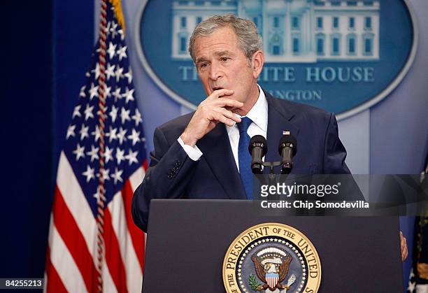 President George W. Bush holds a news conference in the Brady Press Briefing Room at the White House January 12, 2009 in Washington, DC. Bush spent...
