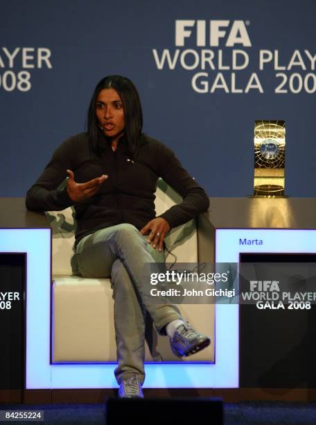 Marta of Brazil talks to the press as one of the nominees of FIFA Womens' Player of the Year 2008, at the Zurich Opera House on January 12, 2009 in...