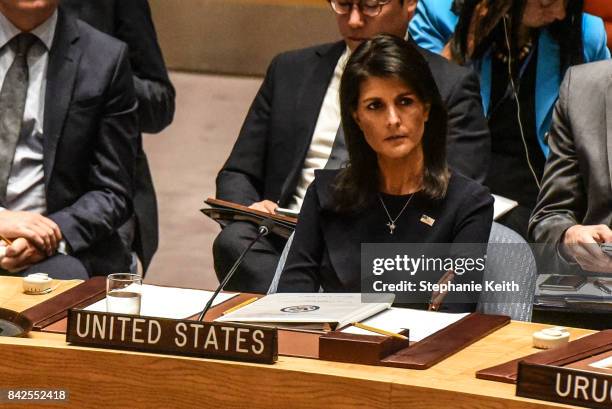 Ambassador to the UN, Nikki Haley, listens to remarks during a United Nations Security Council meeting on North Korea on September 4, 2017 in New...