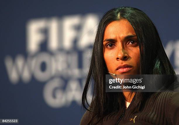 Marta of Brazil talks to the press as one of the nominees of FIFA Womens' Player of the Year 2008, at the Zurich Opera House on January 12, 2009 in...