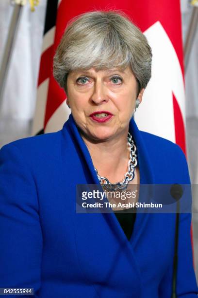 British Prime Minister Theresa May speaks during a joint press conference following her meeting with Japanese Prime Minister Shinzo Abe at Akasaka...