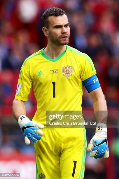 Igor Akinfeev of Russia in action during the FIFA Confederations Cup Russia 2017 Group A match between Russia and Portugal at Spartak Stadium on June...