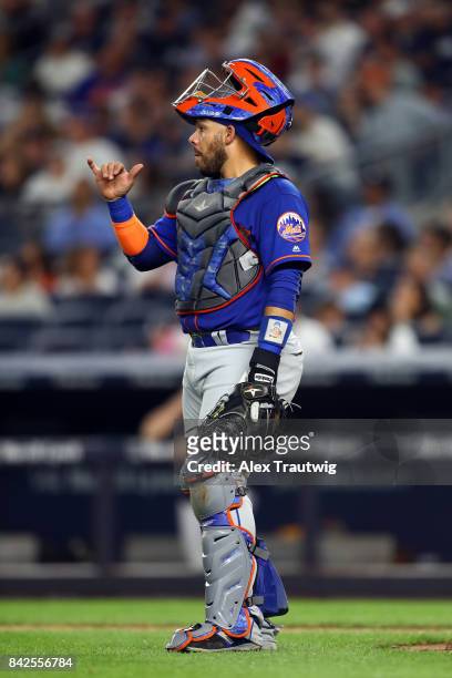 Rene Rivera of the New York Mets looks on during the game against the New York Yankees at Yankee Stadium on Monday, August 14, 2017 in the Bronx...