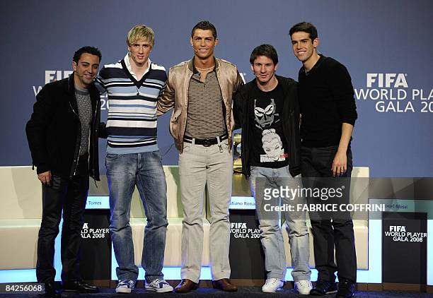 Nominees for the FIFA World player 2008, from left to right: Spain's Xavi, Spain's Fernando Torres, Portugal's Cristiano Ronaldo, Argentina's Lionel...