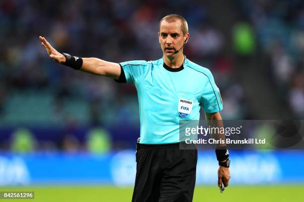 Referee Mark Geiger signals during the FIFA Confederations Cup Russia 2017 Group B match between Australia and Germany at Fisht Olympic Stadium on...