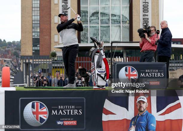 British golfer Lee Westwood tees off during a British Masters preview event on the Tyne River on September 4, 2017 in Newcastle upon Tyne, England.