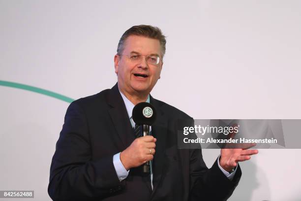 President Reinhard Grindel speaks at the Awarding Ceremony at the 20th anniversary of Volunteering for the Club 100 at Mercedes-Benz Museum on...