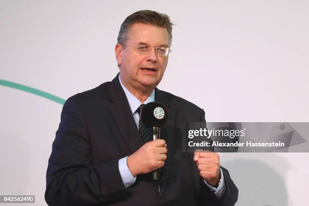 President Reinhard Grindel speaks at the Awarding Ceremony at the 20th anniversary of Volunteering for the Club 100 at Mercedes-Benz Museum on...