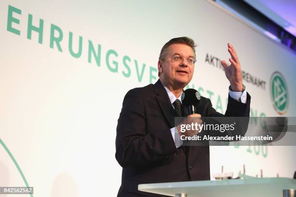 President Reinhard Grindel speaks at the Awarding Ceremony at the 20th anniversary of Volunteering for the Club 100 at Mercedes-Benz Museum on...