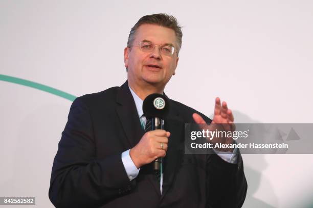 President Reinhard Grindel speaks at the Awarding Ceremony at the 20th anniversary of Volunteering for the Club 100 at Mercedes-Benz Museum on...