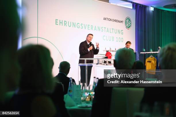 President Reinhard Grindel speaks at the Awarding Ceremony of the 20th anniversary of Volunteering for the Club 100 at Mercedes-Benz Museum on...
