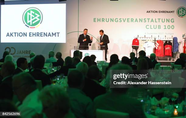 President Reinhard Grindel speaks at the Awarding Ceremony of the 20th anniversary of Volunteering for the Club 100 at Mercedes-Benz Museum on...