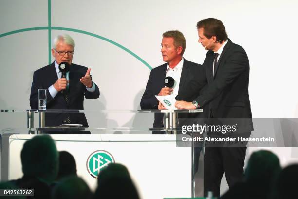 President Reinhard Rauball speaks at the Awarding Ceremony of the 20th anniversary of Volunteering for the Club 100 at Mercedes-Benz Museum on...