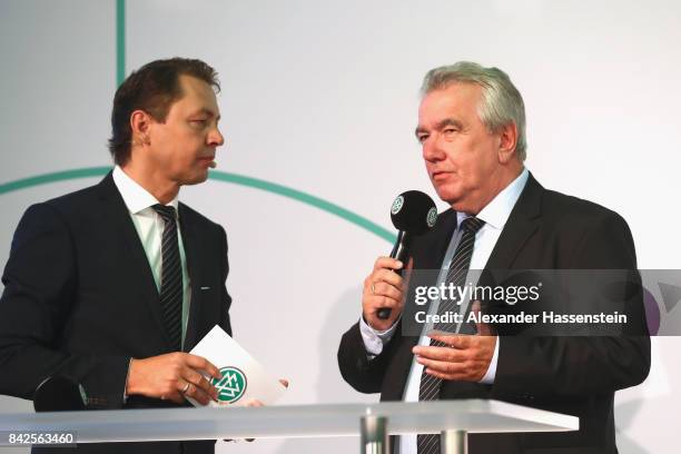 Vice-President Peter Frymuth speaks at the Awarding Ceremony at the 20th anniversary of Volunteering for the Club 100 at Mercedes-Benz Museum on...