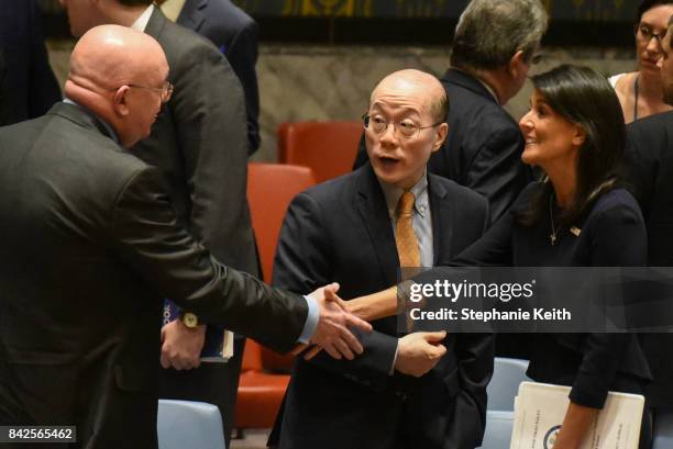 Ambassador to the UN, Nikki Haley, speaks on the sidelines with Chinese Ambassador Liu Jieyi while she shakes hands with Russian Ambassador Vasilly...