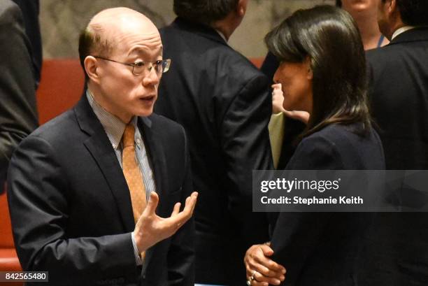Ambassador to the UN, Nikki Haley, speaks on the sidelines with Chinese Ambassador Liu Jieyi after a United Nations Security Council meeting on North...