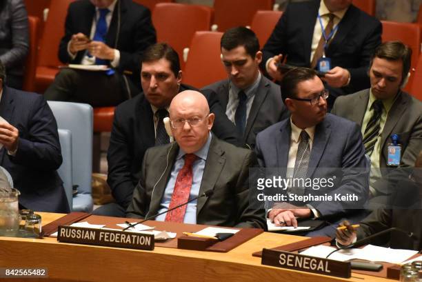 Russian Ambassador to the UN Vasilly Nebenzia listens to remarks at a United Nations Security Council meeting on North Korea on September 4, 2017 in...
