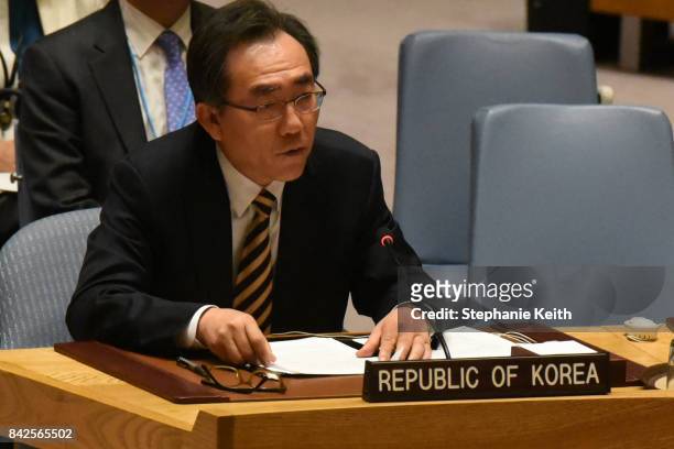 South Korean Ambassador Cho Tae-Yul delivers remarks at a United Nations Security Council meeting on North Korea on September 4, 2017 in New York...