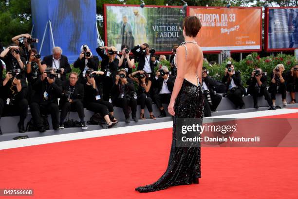 Micaela Ramazzotti walks the red carpet ahead of the 'Una Famiglia' screening during the 74th Venice Film Festival at Sala Grande on September 4,...