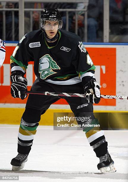 Michael Del Zotto of the London Knights skates in a game against the Oshawa Generals on January 9, 2009 at the John Labatt Centre in London, Ontario....