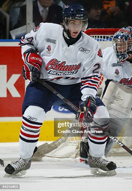 Calvin de Haan of the Oshawa Generals defends in a game against the London Knights on January 9, 2009 at the John Labatt Centre in London, Ontario....