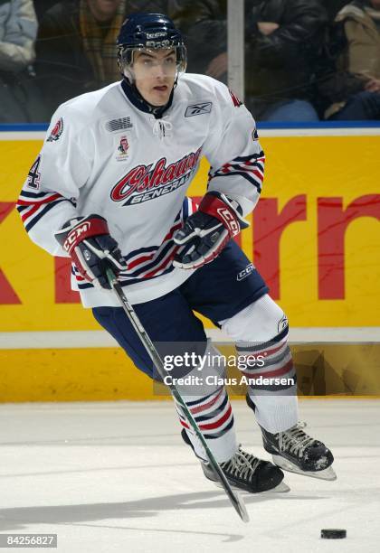 Scott Valentine of the Oshawa Generals skates in a game against the London Knights on January 9, 2009 at the John Labatt Centre in London, Ontario....