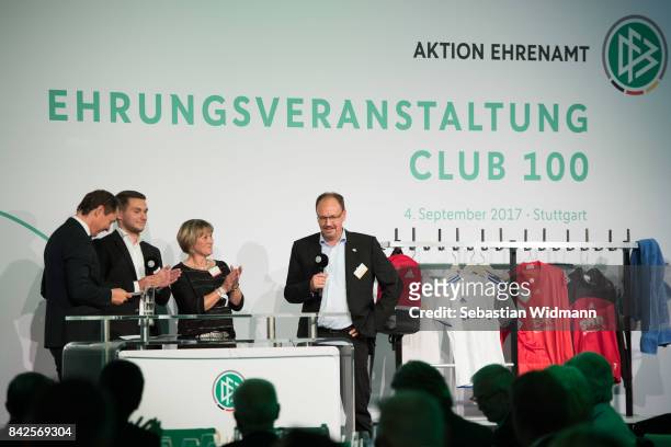 Guest Speakers during the Awarding Ceremony at the 20th anniversary of Volunteering for the Club 100 at Mercedes-Benz Museum on September 4, 2017 in...