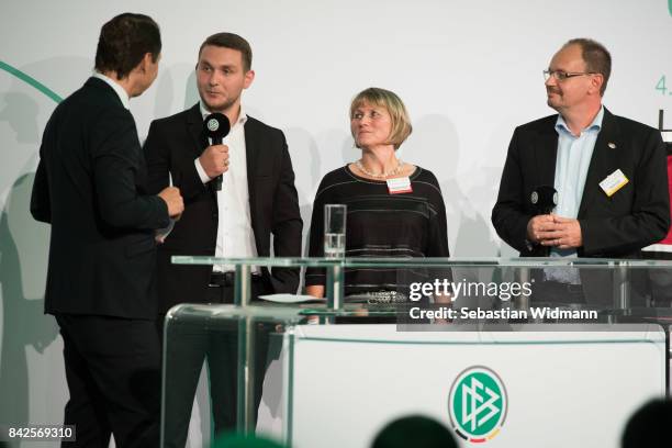 Guest speakers attend the Awarding Ceremony at the 20th anniversary of Volunteering for the Club 100 at Mercedes-Benz Museum on September 4, 2017 in...